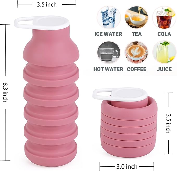 Collapsible Silicone Water Bottle - 20oz Foldable, Leakproof, BPA-Free - for Gym, Travel & Daily Use (Pink)