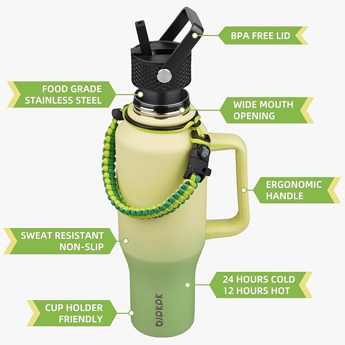 BJPKPK Insulated Water Bottles with Straw Lid, 35oz Metal Water Bottle with 2 lids & Paracord Strap, Double Wall Stainless Steel Tumbler with Handle, Reusable Cups, Mugs, Thermo, Fresh Green