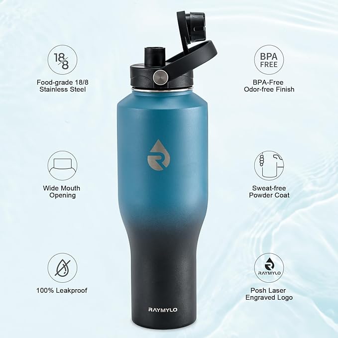 RAYMYLO 40 oz Insulated Water Bottle with Straw fit in Car Cup Holder, Triple Wall Vacuum Stainless Steel(Cold 48 hrs, Hot 24 hrs), Leakproof & Non-BPA, Hydro Travel Flask with Straw and Spout Lid