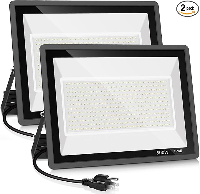 YANYCN 2 Pack 500W LED Flood Light Outdoor,2750W Equivalent Super Bright FloodLight with Plug,58600LM 5000K Daylight White IP66 Waterproof Commercial Lighting for Sports Fields,Counts,Arena,Stadium