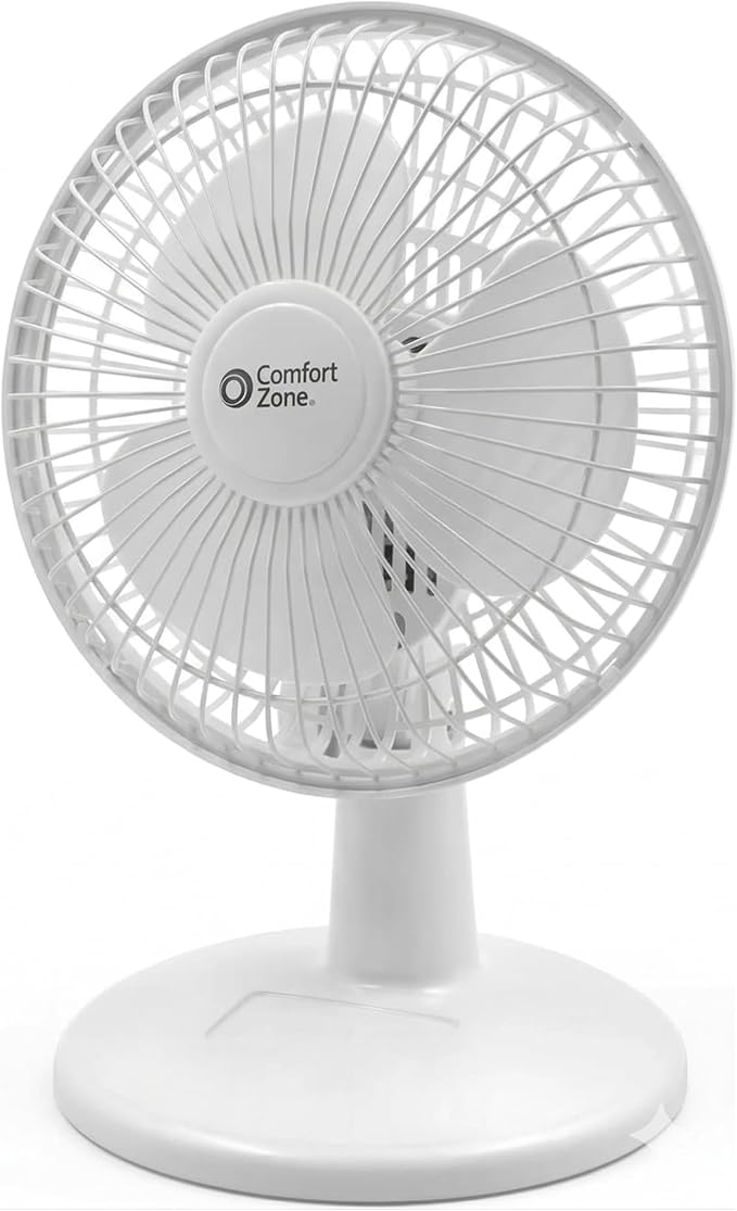 Comfort Zone CZ6D 6" Quiet Portable Indoor 2-Speed Desk Fan with Clip and Fully Adjustable Tilt in White