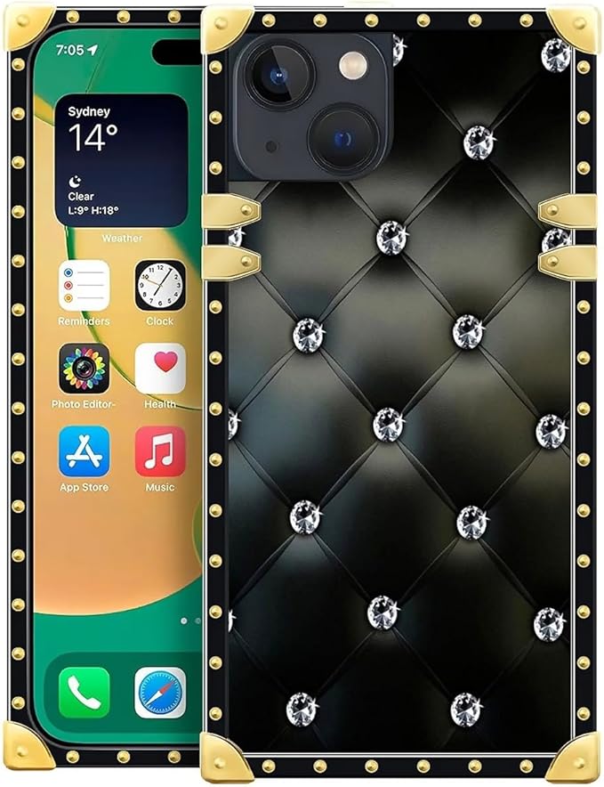 Compatible with iPhone 14 Case, Shiny Black Sofa Crystal Luxury Golden Decoration for Girl Women Soft TPU Shockproof Protective Hard PC Back for iPhone 14
