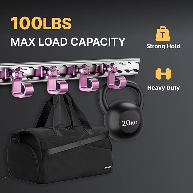4 Pack L Track Hooks with Single Stud Fitting, Spring-Loaded Adjustable Gear Hook, Aluminum L Track Accessories for Trailer, Truck, Garage, Tie Down System, 100LBS Max Load Capacity – Purple