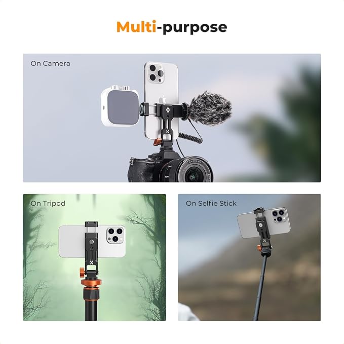 K&F CONCEPT Metal Phone Tripod Mount, Universal Smartphone Stand with 2 Cold Shoe Mount, Adjustable Cellphone Holder for Horizontal and Vertical Shooting, Compatible with iPhone/Samsung and All Phones