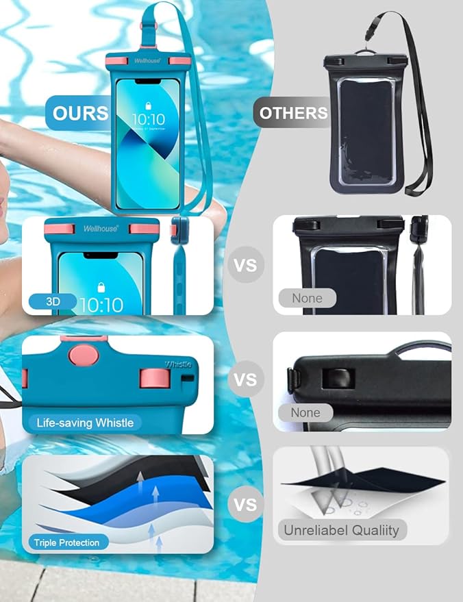 wellhouse 3D Waterproof Phone Pouch with Lanyard,Premium TPU100FT Deep Waterproof Phone Case for iPhone 17 16 15 14 13 12 Pro Max XS Samsung,Snorkeling, Surfing, Kayaking,Skiing,Hot Springs