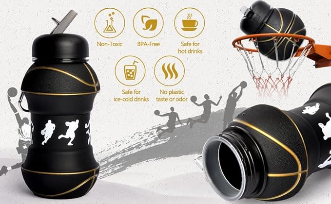 Louis Donné Silicone Collapsible Water Bottle, Toddler Water Bottle Black Basketball Style, Kids 19oz Water Bottle, Toys Gift for Kid Travel Accessories