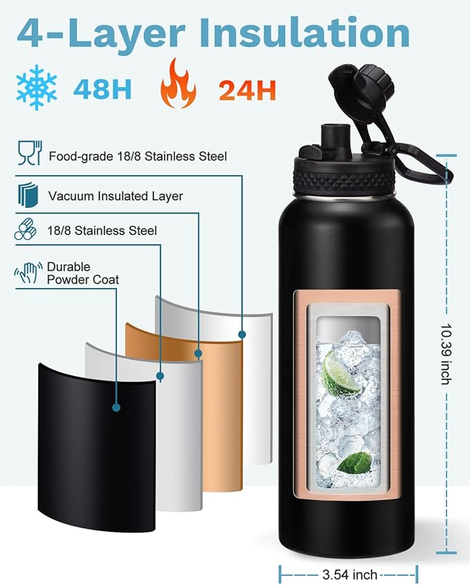 BENZZO Insulated Water Bottle 40 oz - Keep Cold 48H & Hot-24H, Metal Water Bottle with Straw & Auto Spout Lid,Paracord Handle,Bottles Carrier Bag, Leak Proof Thermal Flask for Hiking Cycling Sport