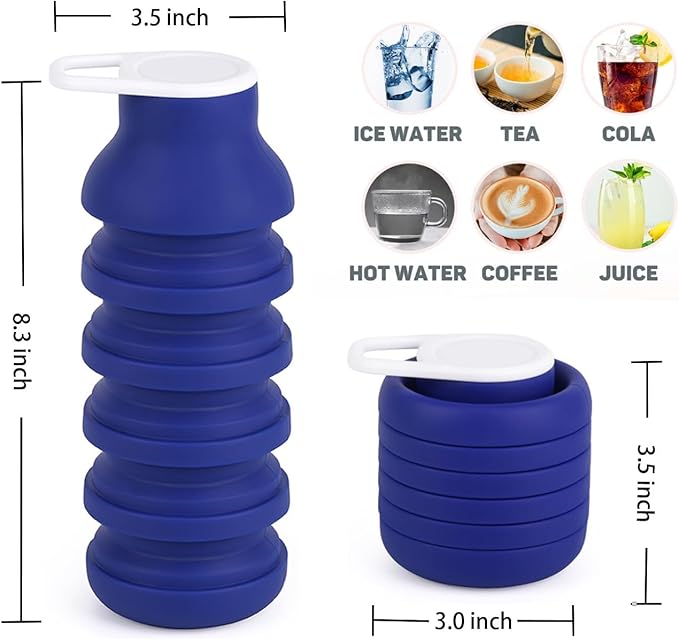 Collapsible Silicone Water Bottle 20oz - Foldable Travel Bottle Leakproof, BPA Free, Space Saving for Gym, Hiking & Travel, Dishwasher Safe(Includes carabiner and cleaning brush),dark blue