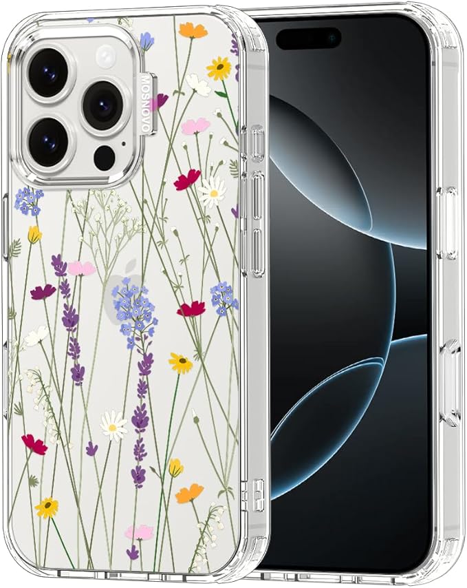 MOSNOVO Case for iPhone 16 Pro, [Buffertech 6.6ft Military-Grade Drop Protection] [Anti Peel Off Tech] Clear TPU Bumper Phone Case Cover Design - Floral Garden