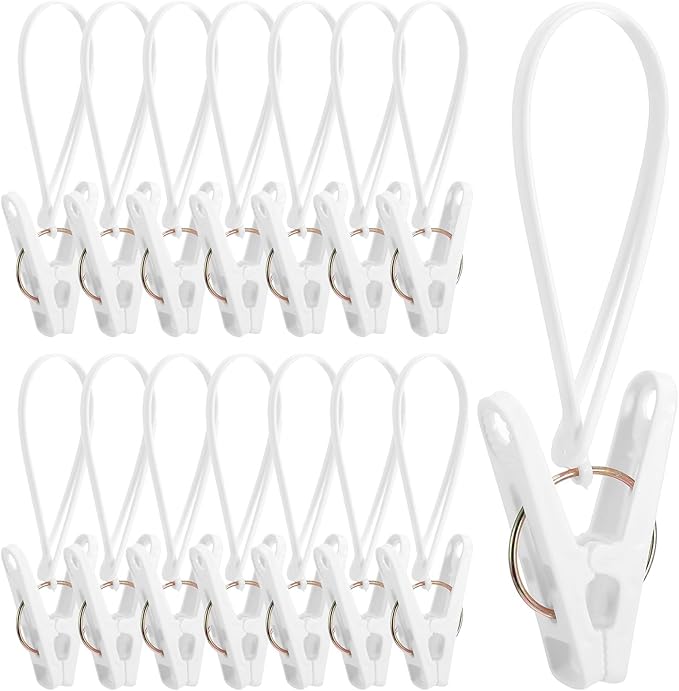 15 Pack Laundry Hooks with Rope, Multi-Purpose Clothes Pins & Hanging Clips for Closet Organizer, Windproof Drying Rack Accessories for Pants, Socks, Bras, Towels, Hats, Baby Clothes (White)