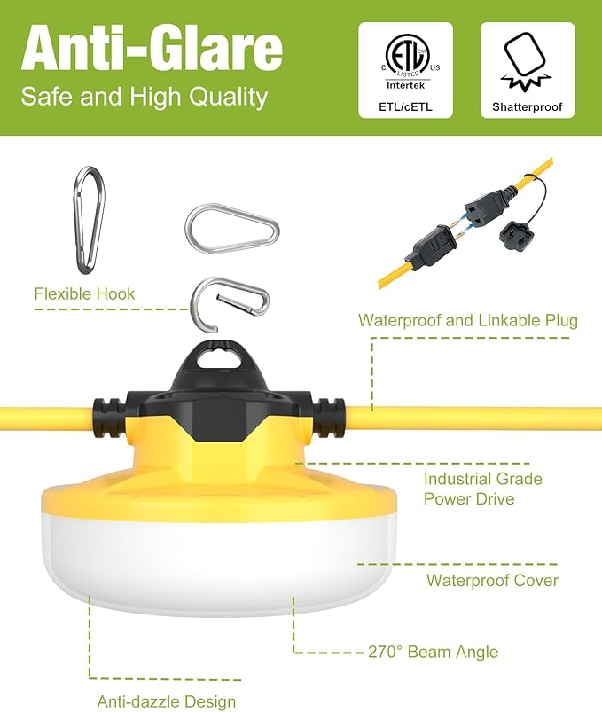 100FT Construction String Lights 3Prong Temp Lighting,130W 16000LM Industrial String Work Lights, IP65 Waterproof 18AWG Wire 5000K Super Bright for Jobsites Temporary Outdoor & Crawl Space Lighting