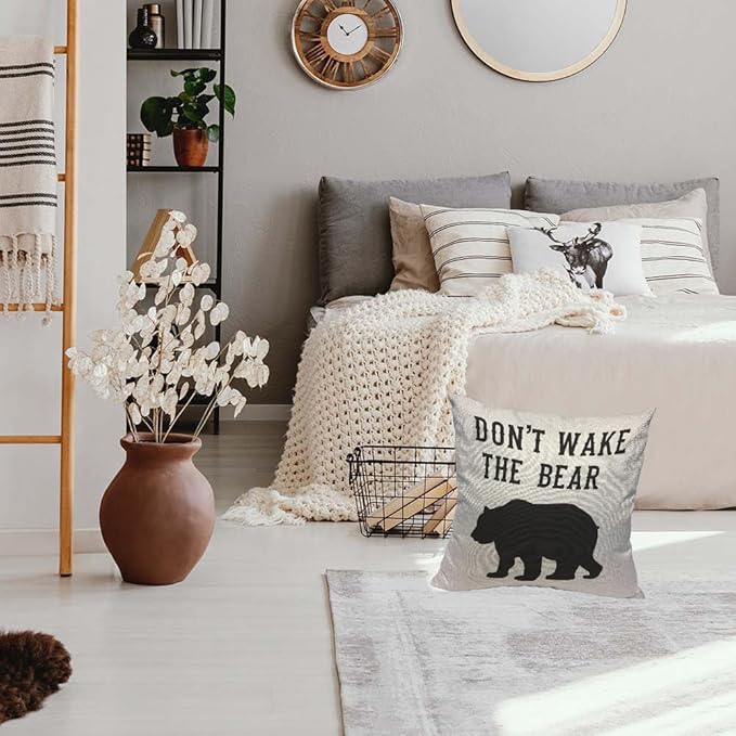 TKS MITLAN Don't Wake The Bear Decorative Pillow Covers Cool Animal Bear Black White Rustic Linen Throw Pillow Covers 18x18 Inch for Sofa Couch Decoration