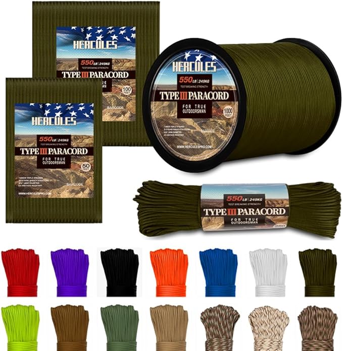 HERCULES Type III Paracord 550 Paracord Rope Parachute Cord, 100' Army Green for Camping Cord, Survival Rope