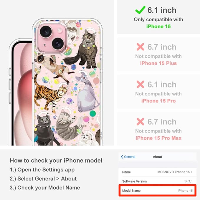 MOSNOVO Case for iPhone 15, [Buffertech 6.6ft Military-Grade Drop Protection] [Anti Peel Off Tech] Clear TPU Bumper Phone Case Cover Design - Space Cat