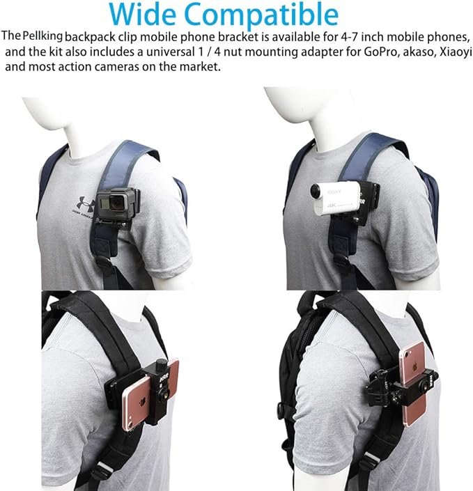 Backpack Clip Mount with Phone Holder Accessories for GoPro Hero 13 12 11 10 9 8 7 6 5 Black Akaso Sony Action Camera and iPhone Samsung Smartphones,Outdoor First View Live Video Shooting