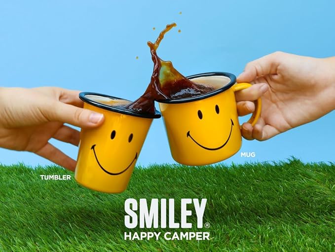 Suck UK Smiley Enamel Tea Mug - Coffee Cup - Camping Gear - Vintage Metal Camping Cup - Outdoor Camper Gift - Coffee Gifts for Men - Retro Enamelware - Stocking Stuffers Mug - Smiley Drinkware 12oz