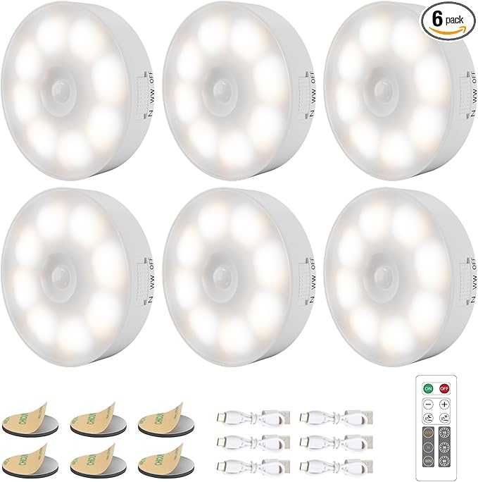 6 Pack Under Cabinet Lights [with Remote], 16 LEDs Wireless Motion Sensor Light Puck Light, 3 Color Temps Dimmable 3000-6000K, Rechargeable Closet Lights for Cabinet, Closet, Kitchen, Hallway, Stairs