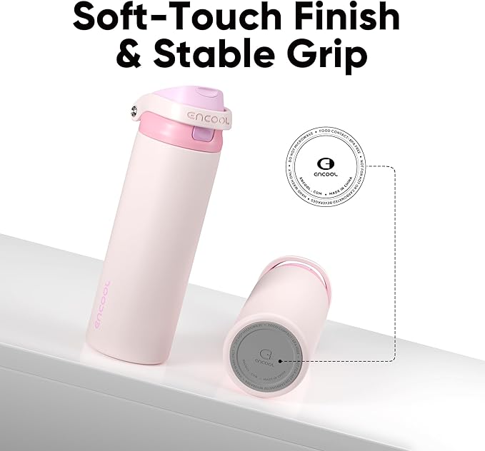 ENCOOL Leakproof Insulated Water Bottle with Straw Dual-Sip Water Bottle Bag-Safe Design for Work, Commute & Gym – Keeps Drinks Cold All Day, 32 oz, Macaron Pink