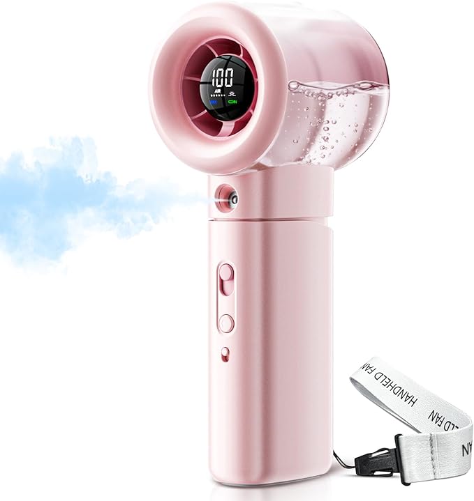 Portable Misting Fan Handheld Powerful Turbo Fan, 100 Speeds, 6000mAh Rechargeable Battery, LED Display, Spray Mist Personal Mini Fan for Travel, Beach, Outdoor Camping (LightPink)