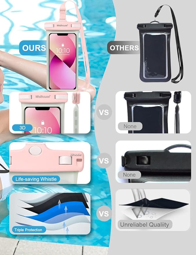 wellhouse Waterproof Phone Pouch, Waterproof Phone Case for iPhone 17 16 15 14 13 Pro Max XS Samsung, IPX8 3D Cellphone Dry Bag Beach Essentials (1 Pack - Luminous Pink7.0, 7 inch)
