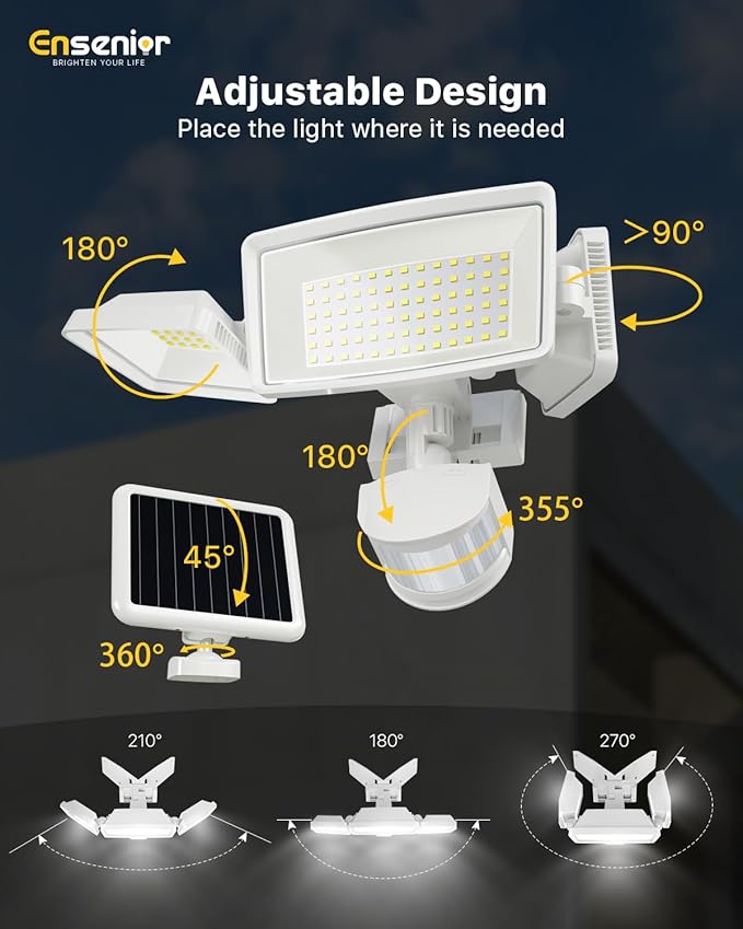 Ensenior Solar Security Lights, Wide Beam Flood Light 6500K Super Bright for Driveway Backyard Garden, Remote Control Motion Lights, Weather-Resistant Exterior Lighting, 1800LM Lumen, White, 2-Pack