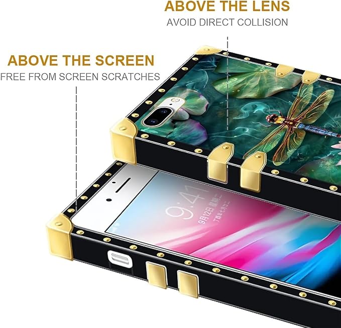 Compatible with iPhone 8 7 SE Case, Colourful Dragonfly Pink Lily Pads Luxury Golden Decoration for Girl Women Soft TPU Shockproof Protective Hard PC Back for iPhone 8 7 SE