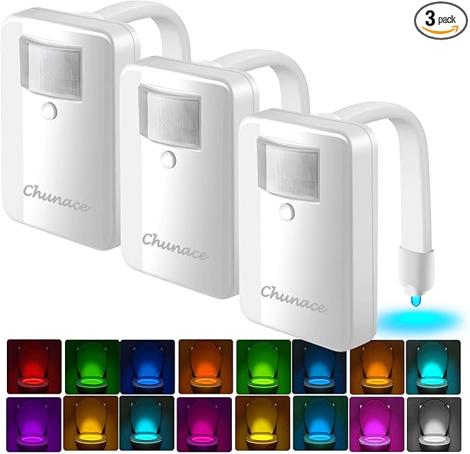 Chunace 3 Pack Toilet Night Lights with Motion Activated Sensor, 16 Colors LED Nightlight Inside Bowl, Cool Stuff for Bathroom Accessories Decor, Unique & Funny Housewarming Gadgets for Men/Kids 2025