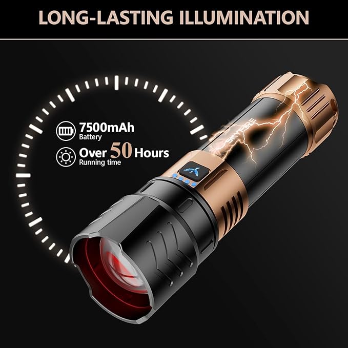 SKYFIRE Rechargeable Flashlights High Lumens Plus with Ignition Lens,3000lm Super Bright Flashlight,7500mAh,Zoomable,Waterproof Tactical Flash Light for Camping Essentials Outdoor Home&Gifts-Upgraded