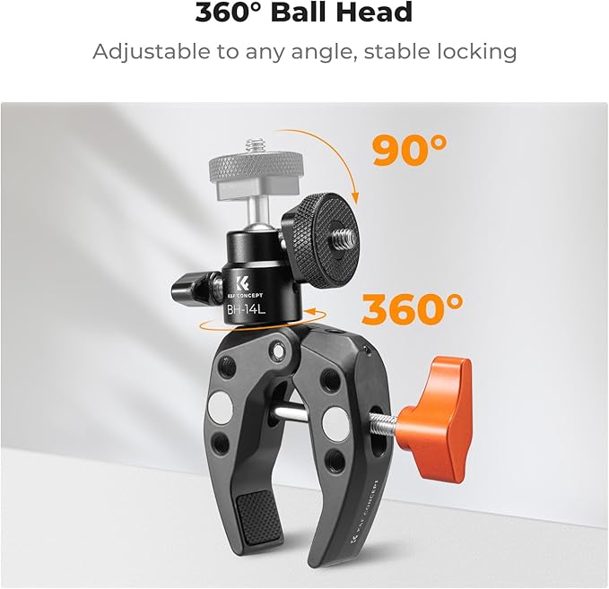 K&F CONCEPT Super Clamp Camera Clamp with 360° Ballhead, Compatible with GoPro/AKASO/Insta360/Pocket 3, 1/4" Screw & Cold Shoe Mount for Camera/Monitor/Light/Microphone