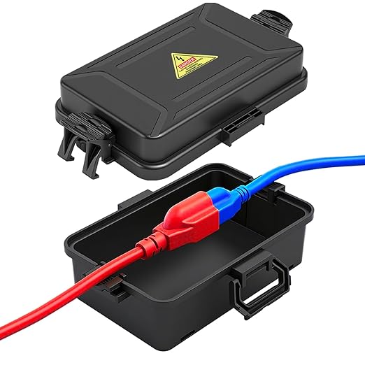 Mini Outdoor Electrical Box, IP54 Waterproof Extension Cord Cover (Inside 6.2 x 3.9 x 1.65 inches) Weatherproof Connection Box for Plug,Connector, Power Cord, Festive Light(2 PCS Black)