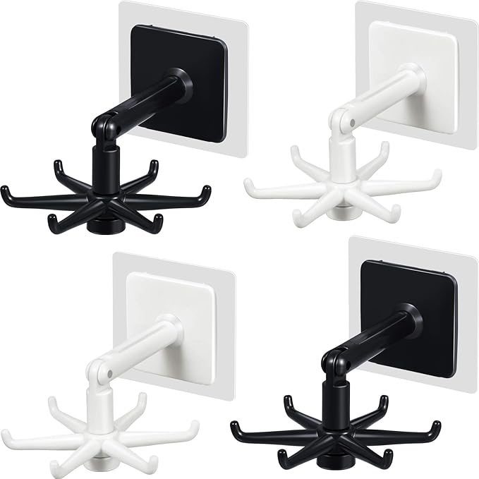 4 Pieces 360 Rotating Folding Hook Multi-purpose Hanging Utensil Holder Hook 180 Degrees Vertical Flip Self-Adhesive Hook Utensil Rack with 6 Hooks for Kitchen Bathroom Cabinet Towel (Black, White)