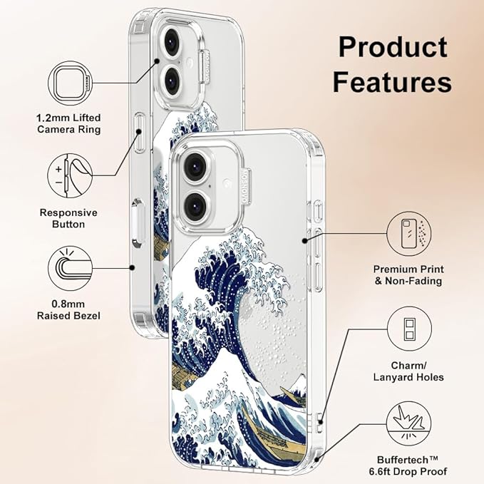 MOSNOVO Case for iPhone 16, [Buffertech 6.6ft Military-Grade Drop Protection] [Anti Peel Off Tech] Clear TPU Bumper Phone Case Cover Design - Great Wave