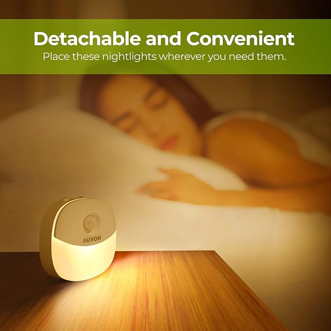 AUVON Rechargeable Battery Night Light, Mini with Motion Sensor, Warm White LED Stick-On Closet Light with Dusk to Dawn Sensor, Adjustable Brightness for Wall, Stairs, Hallway, Cabinet (4 Pack)