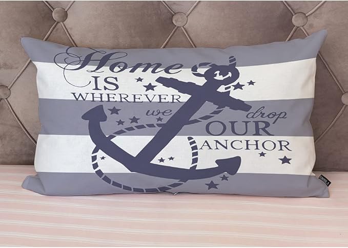 EKOBLA Nautical Pillow Covers Home is Wherever We Drop Our Anchor Waist Lumbar Cotton Linen Cushion Cover Oblong Rectangle Pillowcase for Men Women Home Decoration Bedroom 12x20 Inches