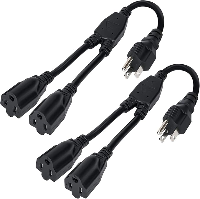 Elecan 3-Prong Y Splitter Power Extension Cord 1 FT/2 Pack, Straight Plug 1 to 2 Way Outlet Space Saver, Heavy Duty Weatherproof SJTW, 16AWG 13A, 5-15P Cable Extender for Indoor Outdoor-UL