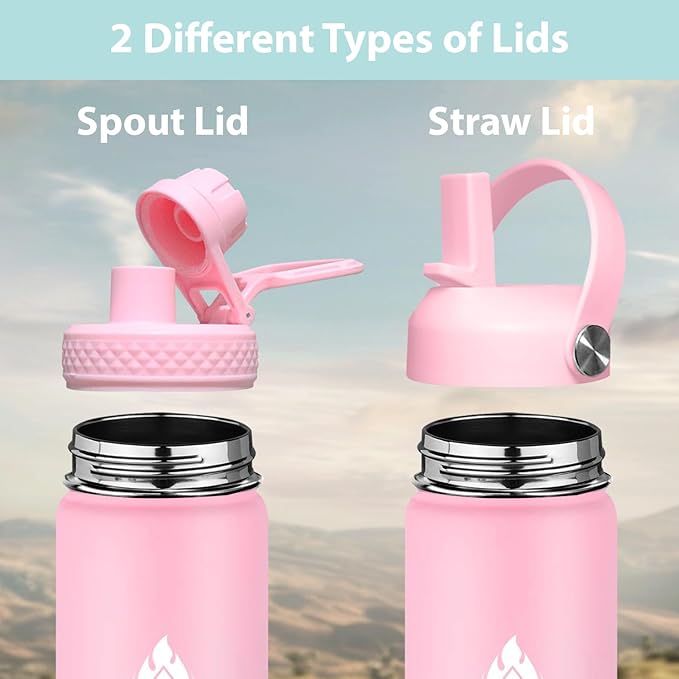 SENDESTAR Stainless Steel Water Bottle, Wide Mouth Water Bottle 32 oz with Straw Lid, Spout Lid, Double Wall Vacuum Insulated Leak Proof, Keeps Liquids Hot or Cold (Peach)
