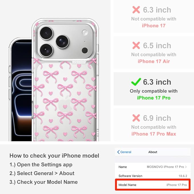 MOSNOVO for iPhone 17 Pro Case | Military Grade 6.6ft Drop Tested | Camera Control | Clear with Bowtiful Love Design
