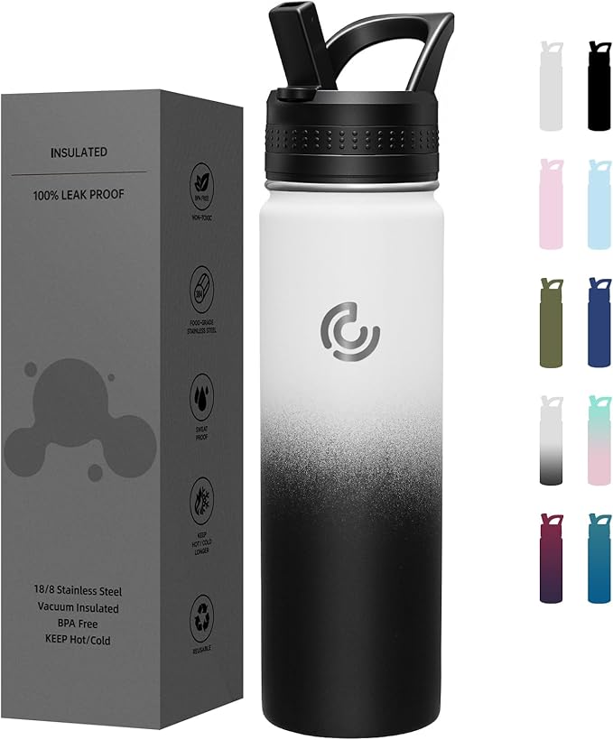 COKTIK 22oz Sports Water Bottle, Stainless Steel Water Bottle for Insulated, Reusable Travel Bottle, With Straw,With Handle Grip for Easy Carrying, Suitable for Cycling,Outdoor Vacations(Day&Night)
