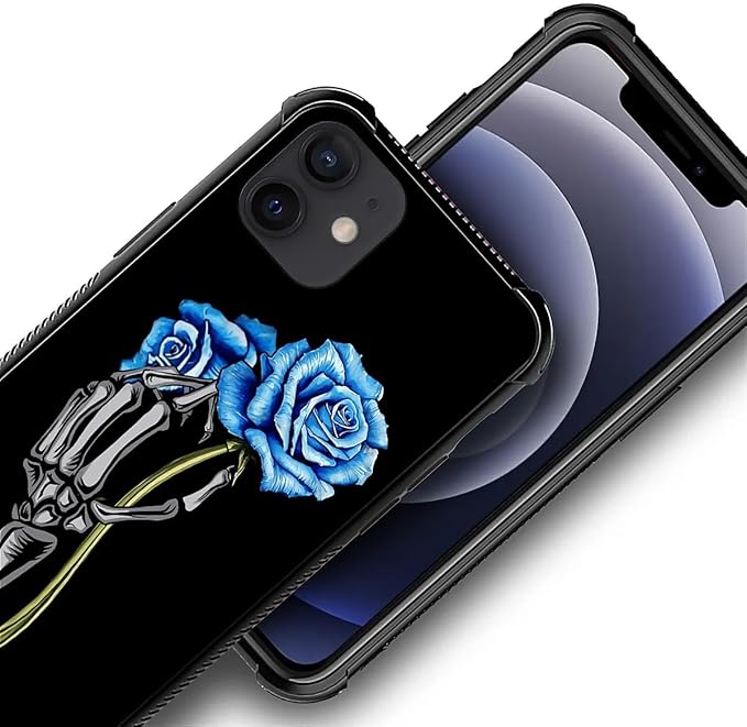 for iPhone 11 Case, Skeleton Holding Blue Rose Pattern Graphic Design Girl Boy Soft Silicone Hard Acrylic Shock Protection for iPhone 11