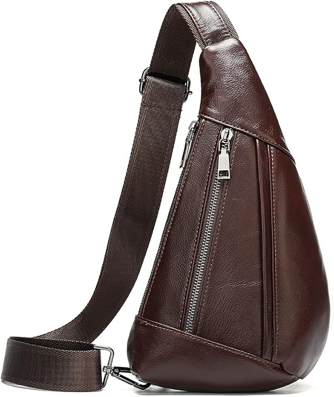 Leather Crossbody Sling Bag for Men Women Single Shoulder Chest Pack Backpack Outdoor Travel Camping Casual Daypack, Coffee
