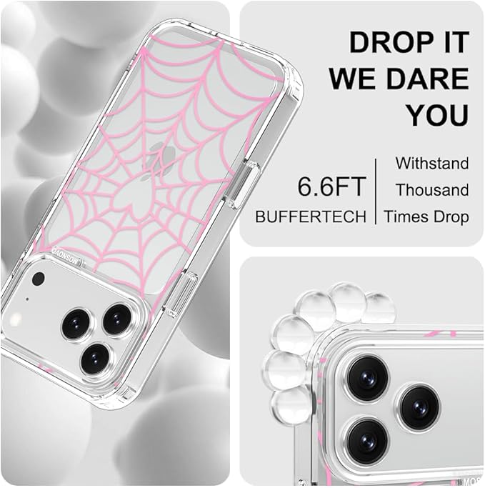 MOSNOVO for iPhone 17 Pro Max Case, Shockproof Military-Grade Protection 6.6ft Drop Tested, Camera Control, Clear Phone Case for iPhone 17 Pro Max, Pink Spiderweb Design