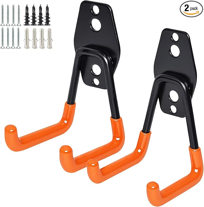 GeeWatom 2 Pack Garage Storage Utility Hooks，Garage Garden Tool Organizer，Steel Wall Mount Hooks, Garden Small U Hooks (Orange)