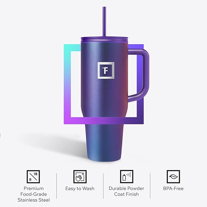 IRON °FLASK Co-Pilot 40 oz Insulated Tumbler with Straw & Flip Cap Lids - Cup Holder Bottle for Hot or Cold Drink - Leak-Proof, Double Walled - Water, Coffee Portable Travel Mug - Dark Pine