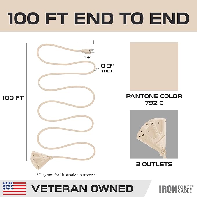 Iron Forge Cable Weatherproof 100 Ft Outdoor Extension Cord - 3 Outlet 16/3 SJTW Heavy Duty Light Brown Extension Cord 100ft 3 Prong - 10 Amp Power Cable