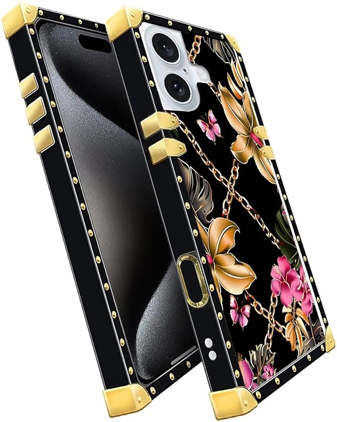 Compatible with iPhone 16 Case, Pink Golden Chain Tropical Flower Luxury Golden Decoration for Girl Women Soft TPU Shockproof Protective Hard PC Back