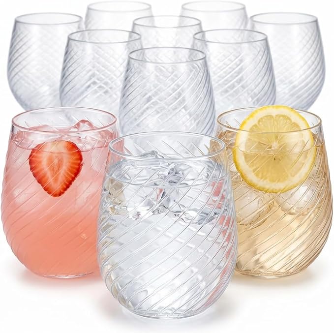 40 count 12 Ounce Cups Origami Ribbed Unbreakable Stemless Plastic Wine Champagne Whiskey Glasses Elegant Durable Disposable Indoor Outdoor Ripple Ideal for Home, Bars, Wedding, Party (Twiselle Clear)