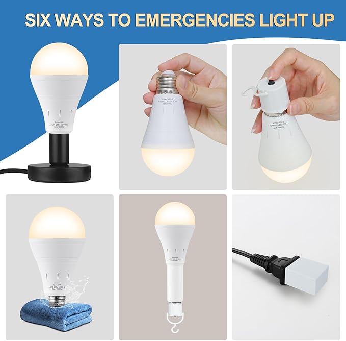6 Pack Rechargeable Emergency Lights Blubs,Battery Powered Light Bulb 9W 60W Equivalent Backup Light Bulb with Portable Hook，4Pack WhiteLight Bulbs + 2Pack WarmLight Bulbs