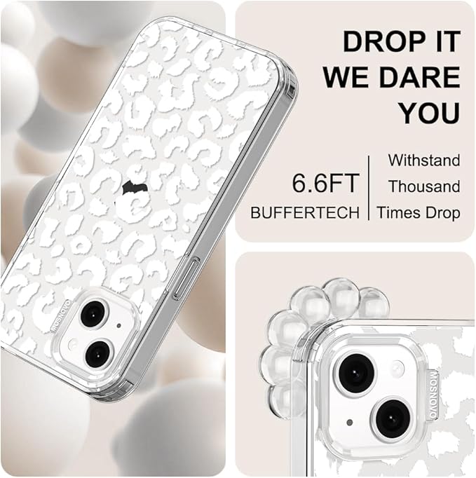 MOSNOVO for iPhone 13/14 Case | Military Grade 6.6ft Drop Tested | Clear with White Leopard Print Design