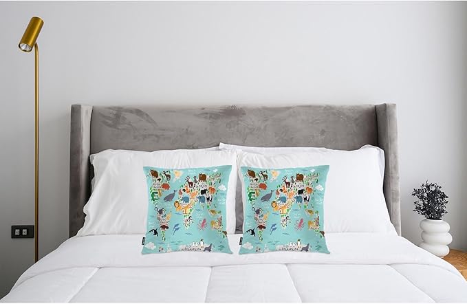 Swono World Map Throw Pillow Covers, Cartoon Forests Animal Map of The World Set of 2 Pillow Cases Decorative 18 X 18 Inches, Soft Cushion Cover Pillowcases for Bedroom, Living Room, Cushion Sofa