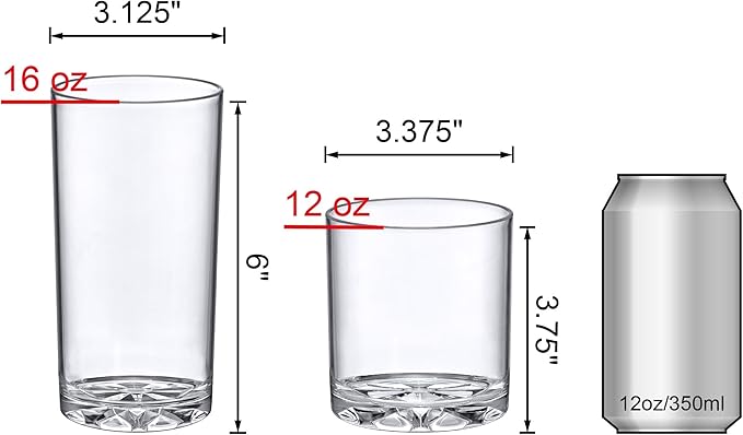 Amazing Abby - Liberty - 12-Ounce and 16-Ounce Plastic Tumblers (Set of 16), Plastic Drinking Glasses, All-Clear Reusable Plastic Cups, BPA-Free, Shatter-Proof, Dishwasher-Safe